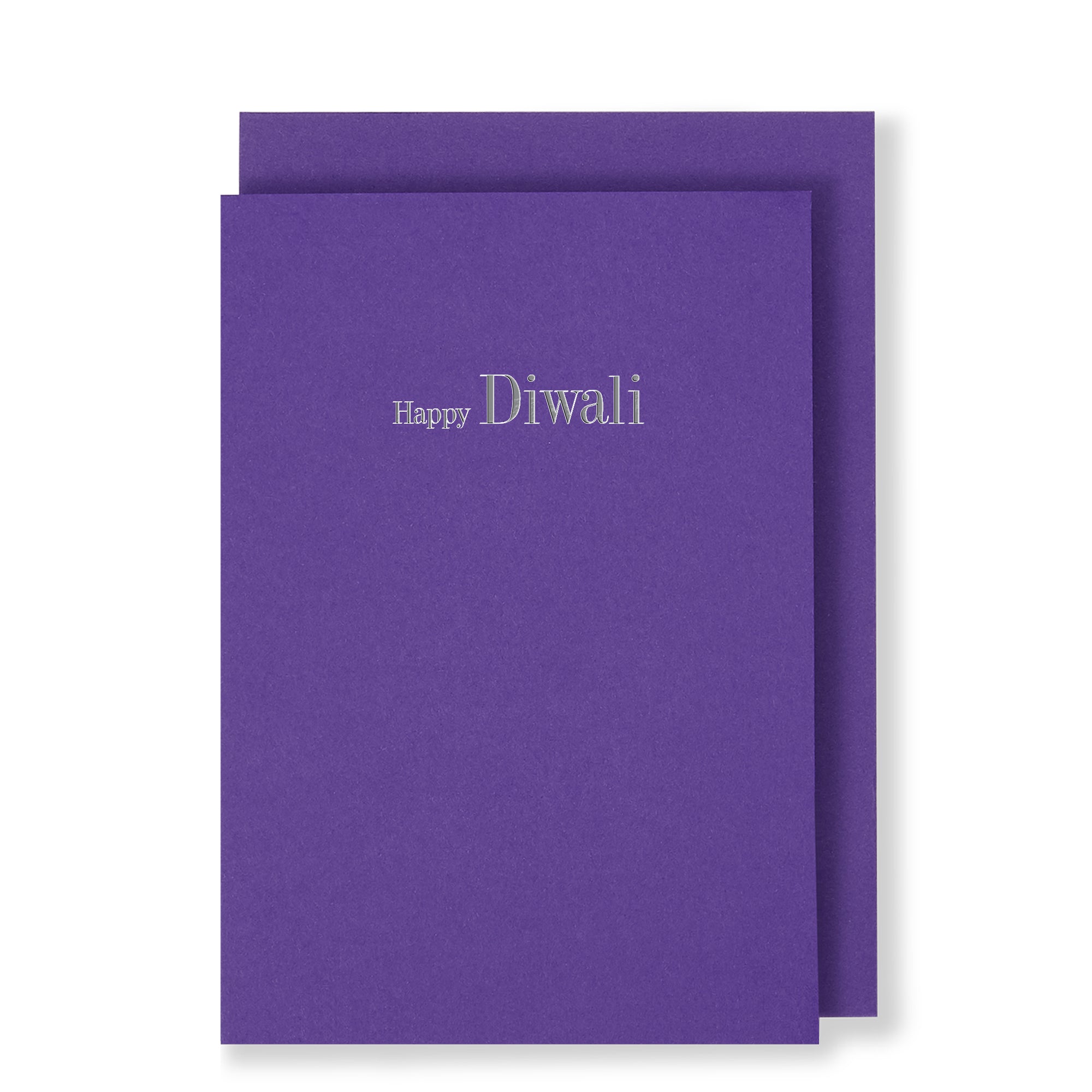 Happy Diwali in silver foil on light purple card