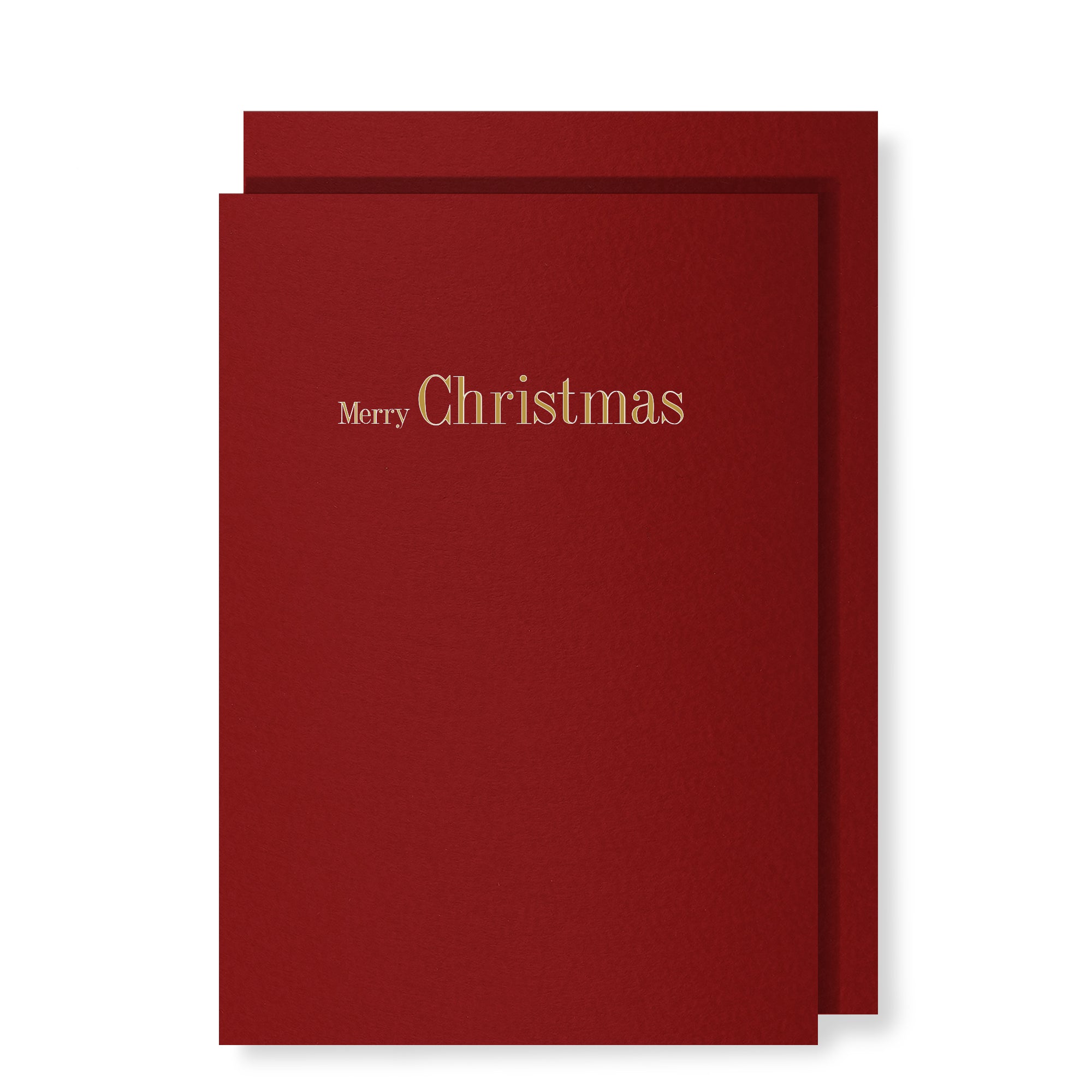 Merry Christmas in gold foil on berry red card