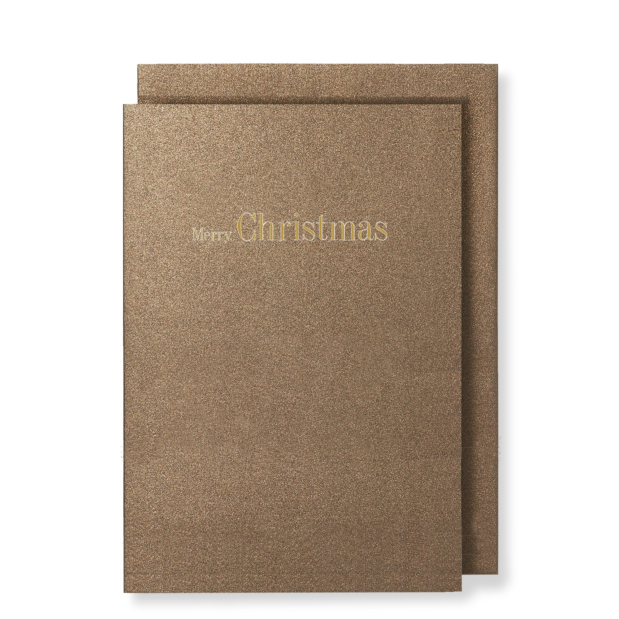 Merry Christmas in gold foil on sparkled bronze card