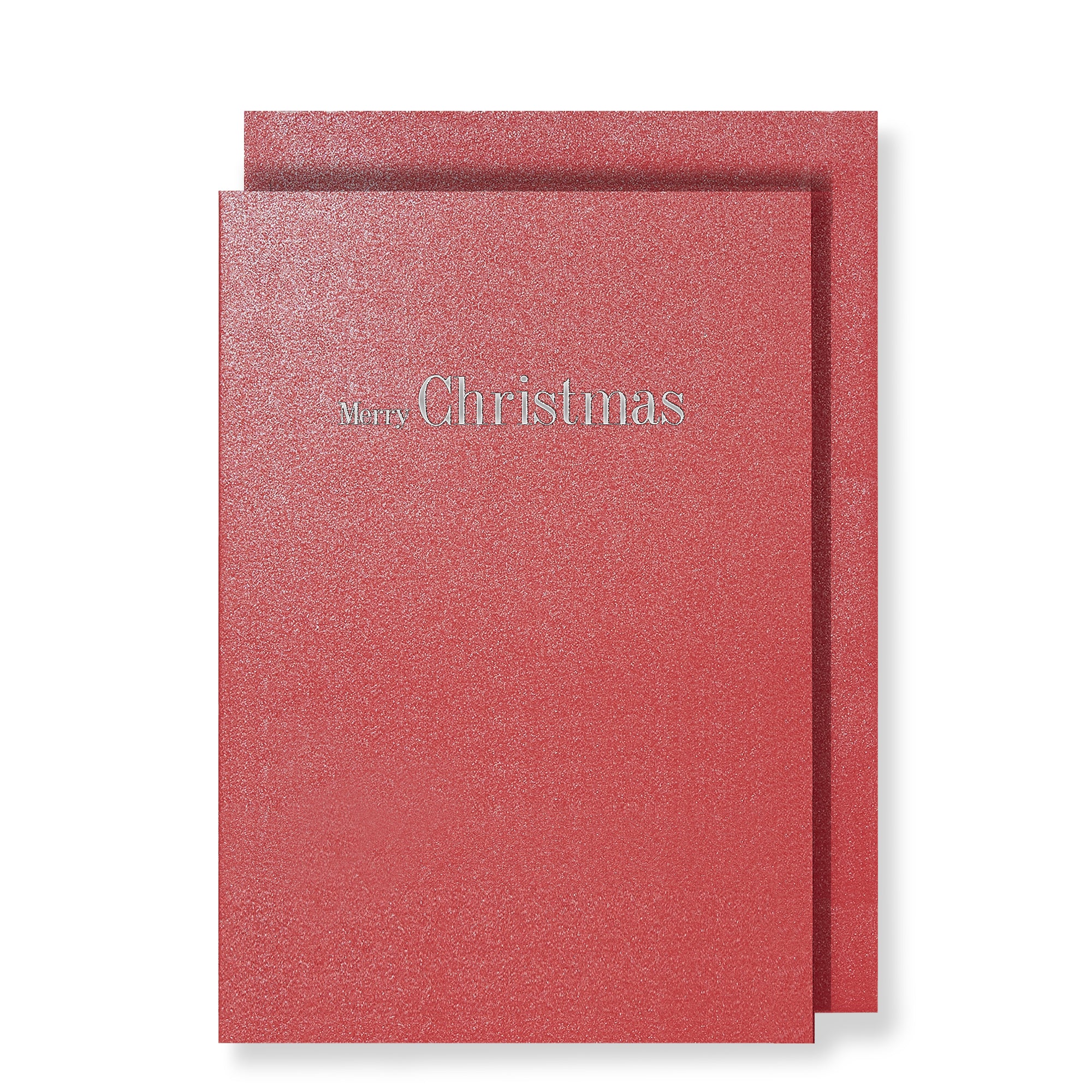 Merry Christmas in silver foil on sparkled red card