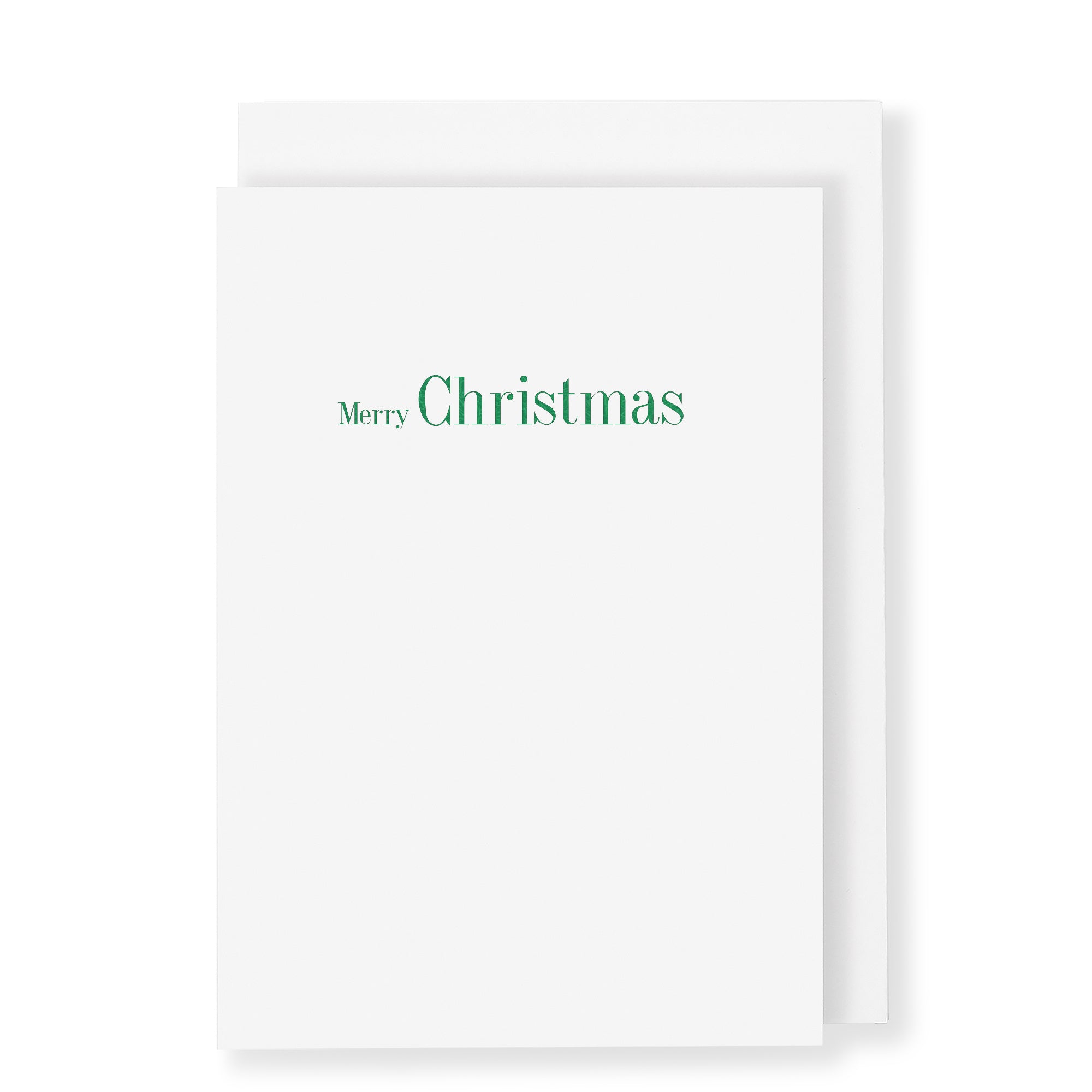 Merry Christmas in green foil on white card