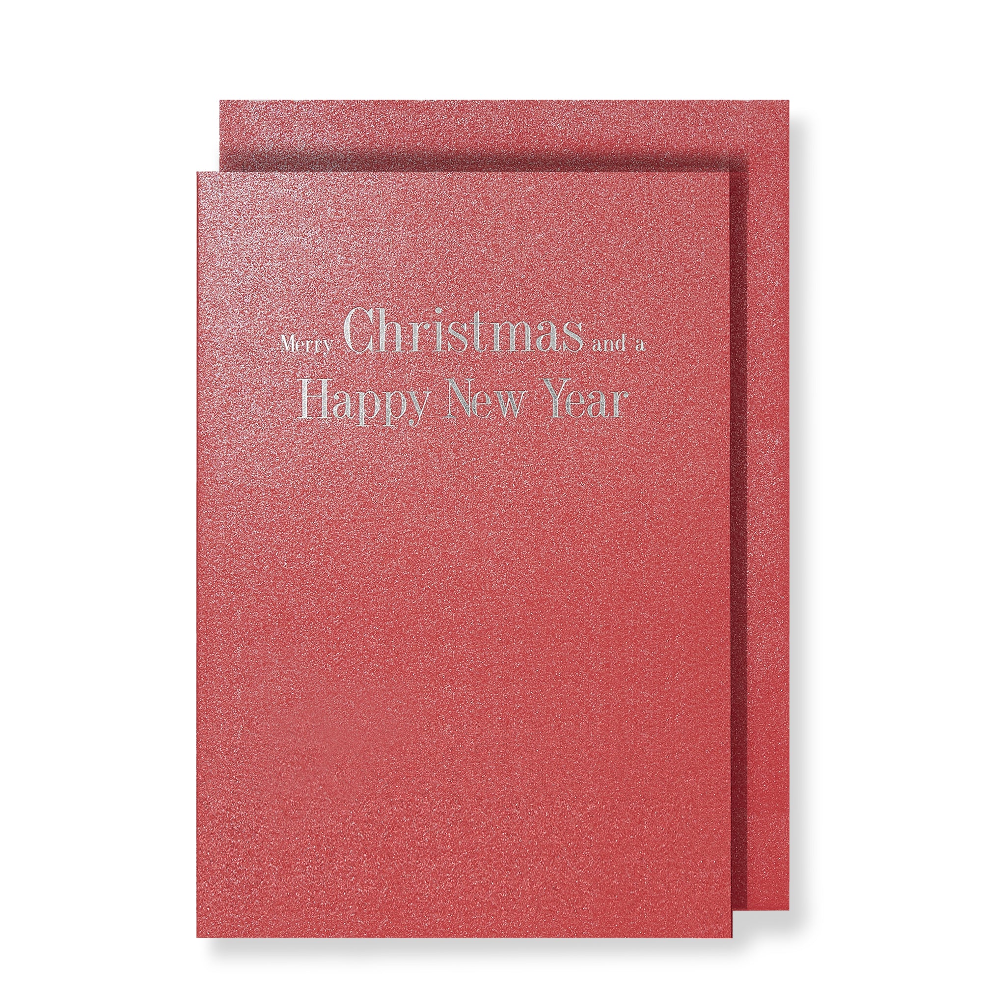Merry Christmas and a Happy New Year in silver foil on sparkled red card