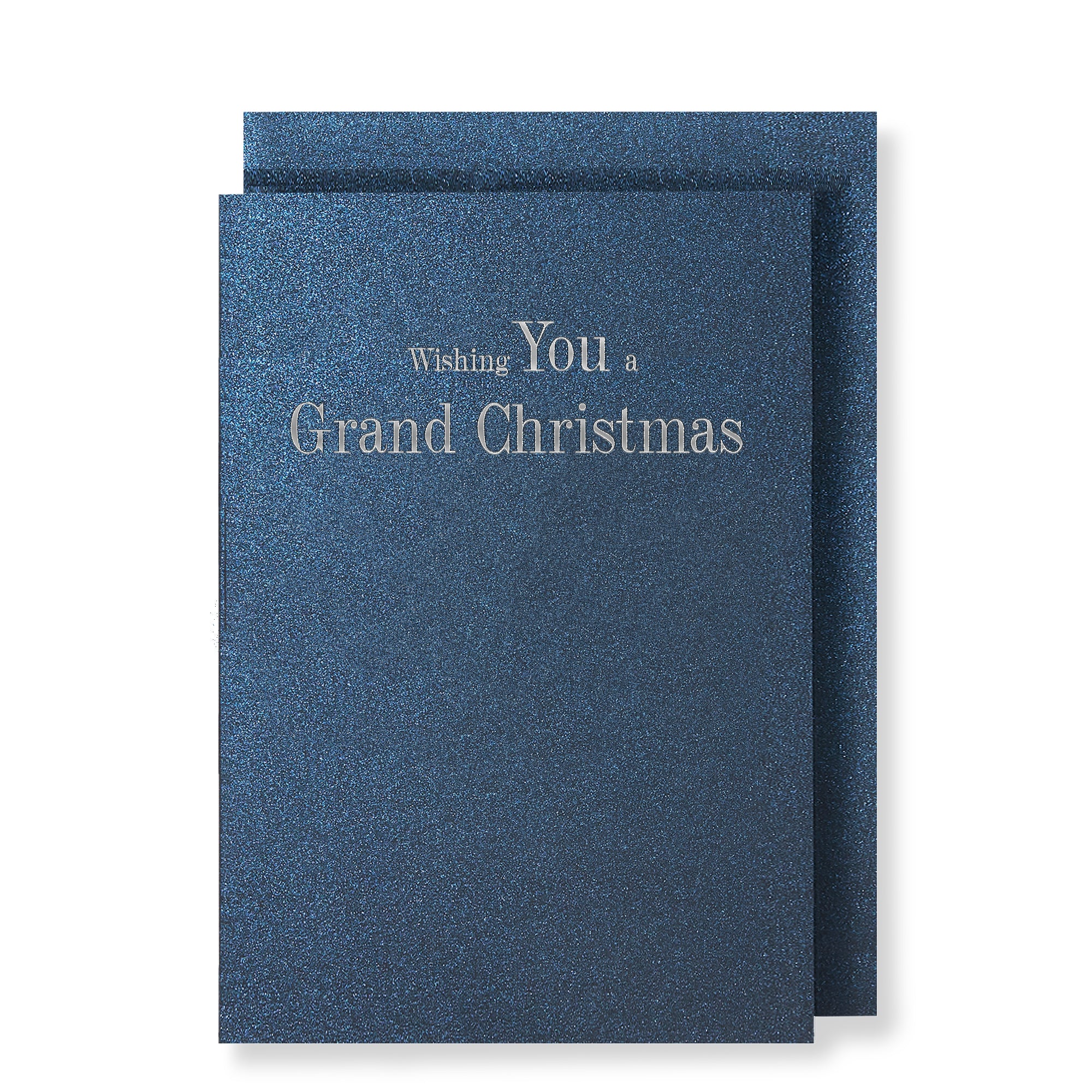 Wishing You a Grand Christmas in silver foil on sparkled blue card