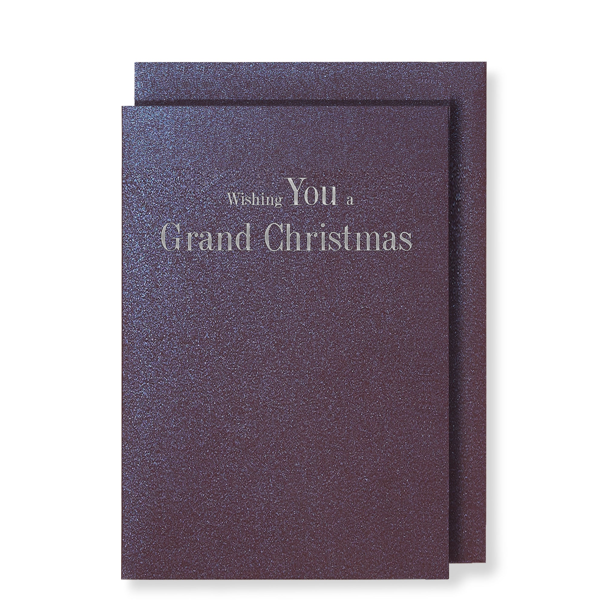 Wishing You a Grand Christmas in silver foil on sparkled purple card
