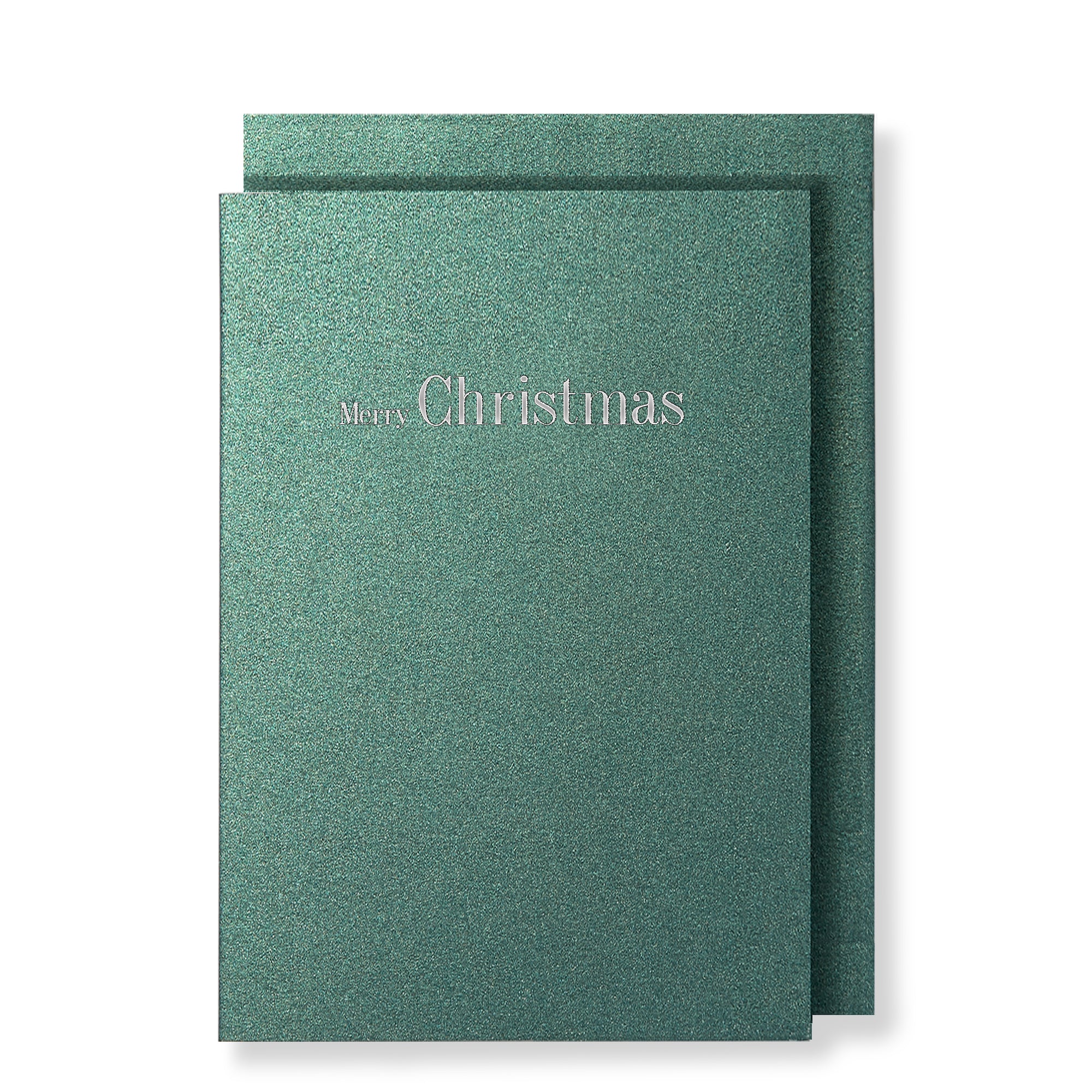 Merry Christmas in silver foil on sparkled green card